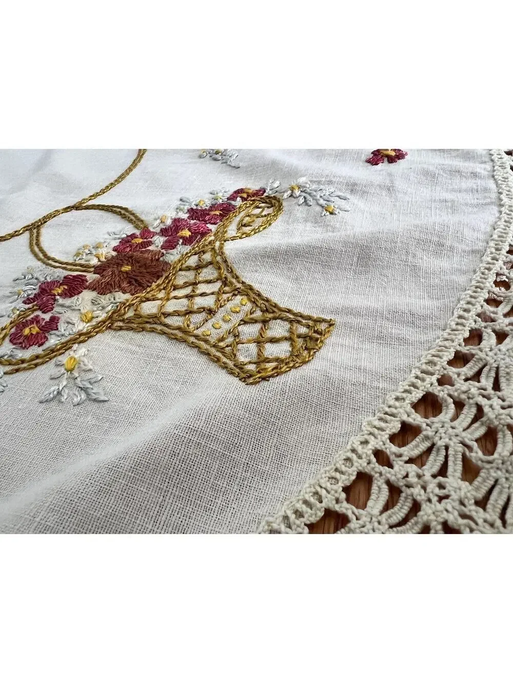 Vintage Embroidered Linen Doily | Floral Crochet Lace Table Topper